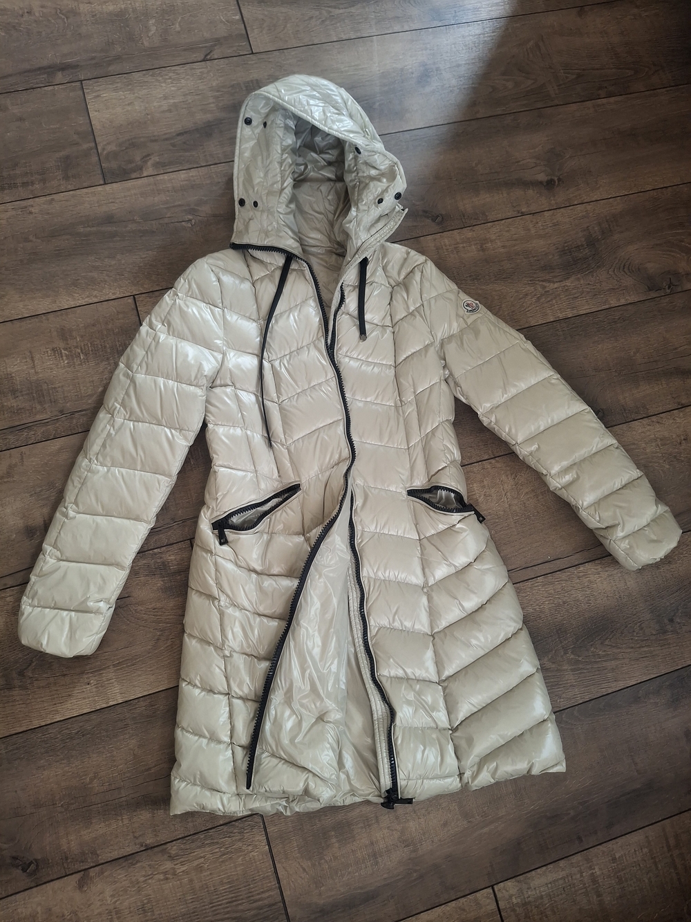 Monclear Light Beige Quilted Hooded Long Puffer Coat